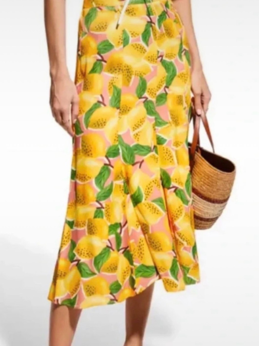 NWT FARM Rio Yellow Lemon Print Midi Skirt with Green Leaves